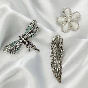 Brooch Pin Trio – Dragonfly, Pearl Flower & Silver Feather Fashion Jewelry